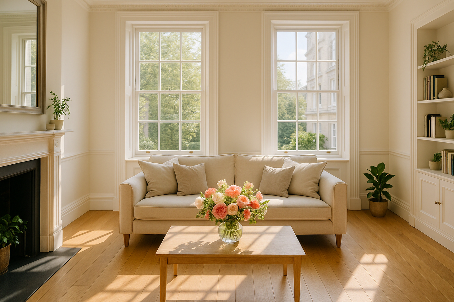 A clean, bright London-style living room with fresh flowers and sunlight (high-quality professional photo).