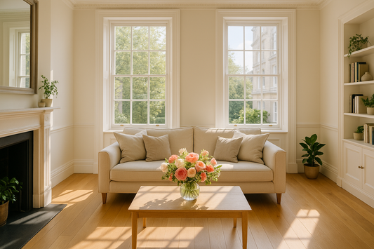 A clean, bright London-style living room with fresh flowers and sunlight (high-quality professional photo).