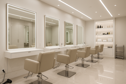 A luxury modern beauty salon being cleaned by, bright lighting, clean minimalist aesthetic, spotless mirrors, elegant chairs, premium feel — realistic photography style.